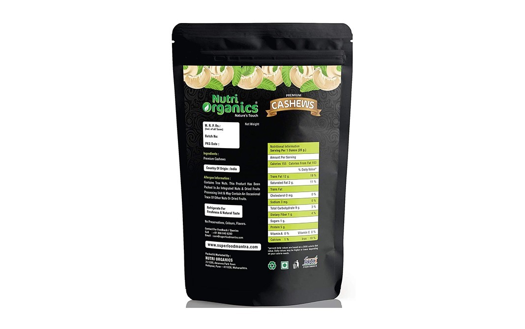 Nutri Organics Premium Cashews    Pack  250 grams